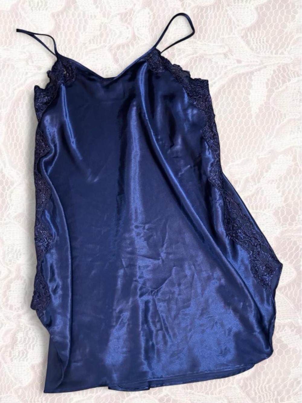 Navy Satin Lace Slip Mini Dress